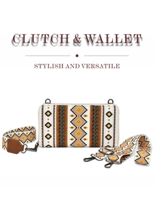 Detail of bohemian canvas clutch with yellow and brown geometric tribal patterns