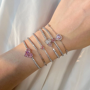 S925 sterling silver tennis bracelets with pink heart zircon and sparkling row diamonds