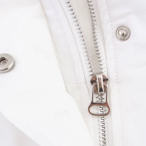 White high-neck cargo jacket detail featuring silver metal zipper and snap buttons