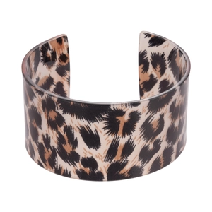 Vintage acrylic leopard print cuff bracelet with a wide geometric open design