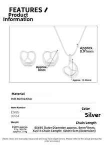 Macro detail of S925 sterling silver pretzel heart necklace and stud earrings set