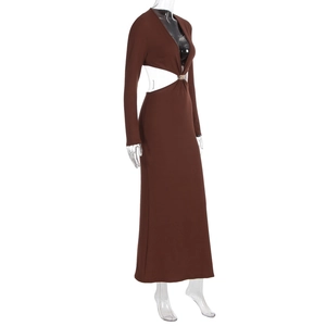 Macro detail of brown long sleeve dress featuring waist cut-outs and golden ring buckle