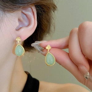 Elegant Chinese style golden cloud earrings with light green waterdrop resin pendants