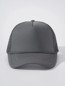 Close-up of charcoal grey trucker hat showing mesh panels and front decorative rope detail