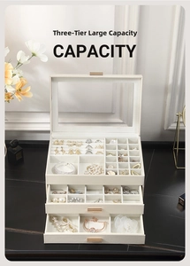 Close-up of a three-layer jewelry box with transparent window and multi-tier storage drawers