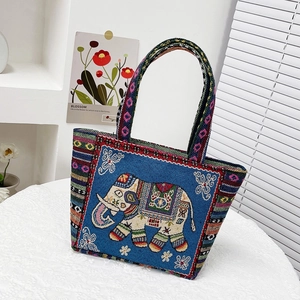 Ethnic style dark blue brocade tote bag with gold thread elephant embroidery