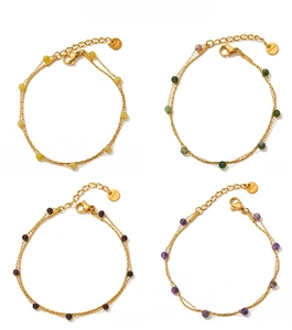 Detail of stainless steel double-layer bracelets with assorted color stone beads