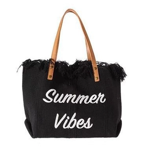Black woven tote bag with Summer Vibes text, fringe details and brown leather handles