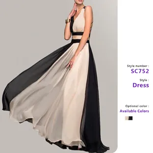 V Neck Sleeveless Color Block Chiffon Maxi Dress For Women Elegant Evening Gown Party Wedding Guest Backless Floor Length
