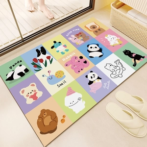 Absorbent bathroom floor mat with colorful cartoon animal collage and non-slip surface