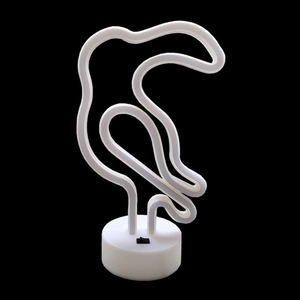 Macro view of parrot neon sign showing flexible LED tube and white circular base