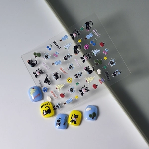 5D embossed Japanese cartoon black nail stickers featuring cute cats and flowers FEB-652