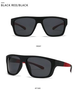 Front and 45-degree side views of black and red polarized sports sunglasses for men