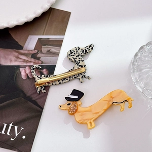 Dachshund dog hair clips in dalmatian print and amber acetate with rhinestones