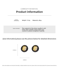 Detail of round hammered gold stud earrings with black frame including size specifications