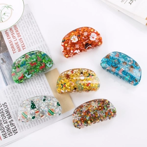 Christmas Hair Claws Acrylic Festive Glitter Sequins Santa Reindeer Snowman Pattern Hair Accessories For Women