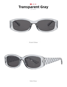 Detail view of transparent grey oval sunglasses featuring diamond quilted textured temples