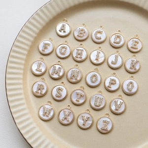 Round Alphabet Initial Pendants Gold Plated Copper Mother Of Artificial Pearl Shell Zircon Rhinestone DIY Jewelry Making Charms