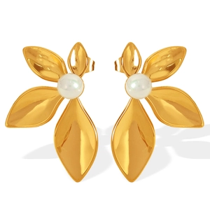18K gold plated flower pearl stud earrings with polished metal leaves on white background