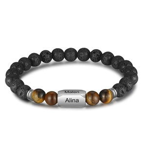 Tiger Eye Stone Lava Rock Beaded Bracelet Stainless Steel Cylinder Nameplate Fashion Jewelry Men Women