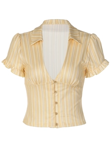 Cardigan vintage français à manches courtes rayé jaune avec col en V et volants