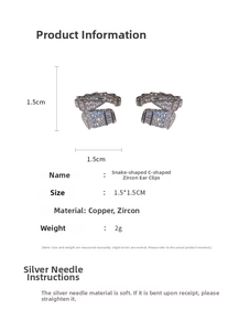 Detailed dimension view of serpentine C-shaped copper ear cuff with zircon inlays