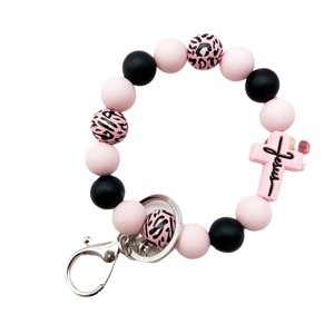 Pink and black leopard silicone bead wristlet keychain with Jesus cross charm and silver clip