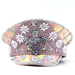Pink holographic punk captain hat with rhinestones, skulls and cross decoration