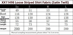 Detailed size chart for loose striped satin shirts showing dimensions for various sizes