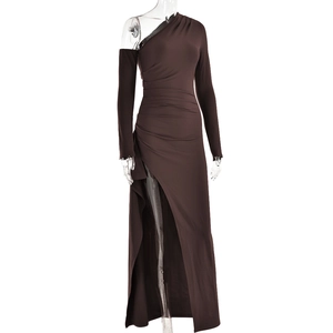 Close-up of dark brown one-shoulder dress showing side ruching and high slit detail