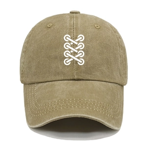 Detail of khaki washed cotton baseball cap featuring minimalist white geometric embroidery