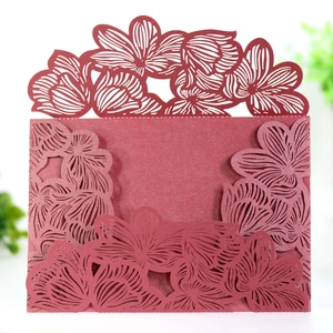 Laser cut burgundy floral wedding invitation cover made of elegant shimmer pearl paper