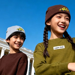 Kids knitted warm beanies with yellow excavator embroidery for autumn and winter