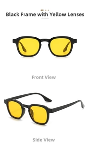 Front and side view of retro round sunglasses with black frames and yellow lenses