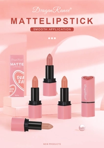 Close-up of matte nude pink heart-shaped lipsticks with premium velvet finish packaging