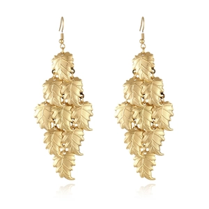 Elegant 18k gold plated stainless steel tiered leaf tassel earrings on white background
