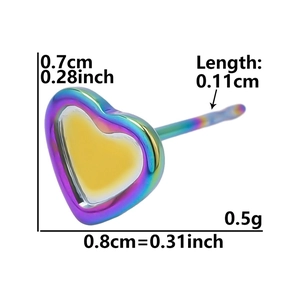 Detailed size chart for iridescent stainless steel heart stud earrings with dimensions