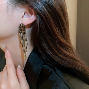 Gothic style silver needle long tassel earrings with dark sparkling fringe for women