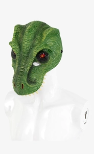 Close-up of realistic 3D T-Rex mask showing green scales and sharp dinosaur teeth