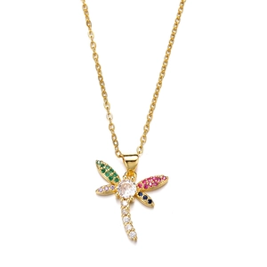 Golden dragonfly pendant necklace with colorful zircons and delicate O-chain for women