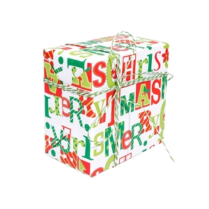 Christmas gift wrapping paper set with red and green patterns and decorative cotton twine
