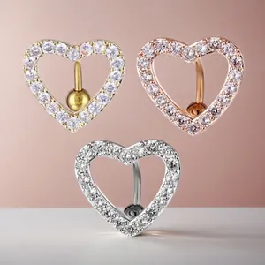 Heart Belly Button Ring Stainless Steel Zircon Navel Piercing Jewelry For Women Hollow Love Shape Body Piercing Accessory