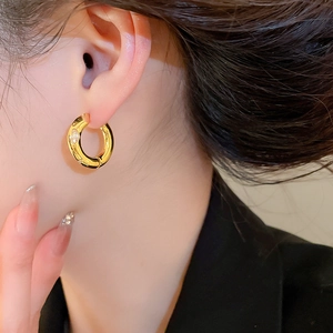 Detailed view of small gold-plated hoop earring with inlaid cubic zirconia on a model