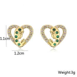Detailed size view of heart-shaped 18K gold plated earrings with green zircon stones