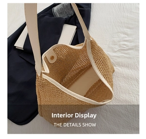 Top view of woven straw tote bag showing spacious interior and magnetic snap closure