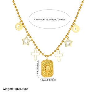 Gold beaded necklace with sun, moon, and star pendants, includes size and weight info