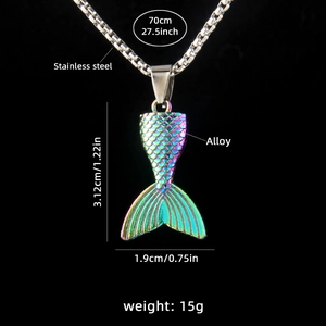 Rainbow mermaid tail pendant necklace in stainless steel with colorful fish scale texture