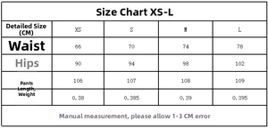 Detailed size chart for women's bandeau top and pleated pants set, XS to L in centimeters
