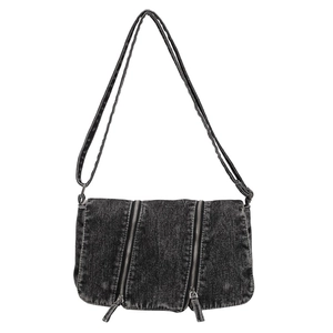 Large denim tote bag in dark grey featuring a dual zipper design and adjustable strap
