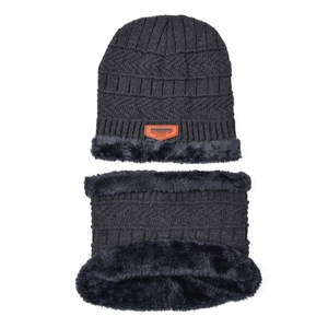 Winter knit beanie and neck warmer set with thick fleece lining in dark grey finish